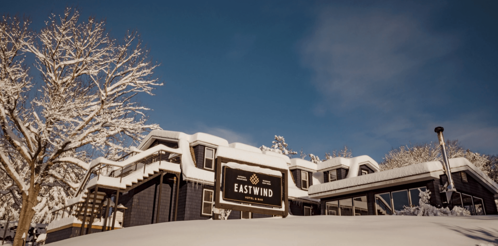 A snowy afternoon at the Eastwind Hotel.